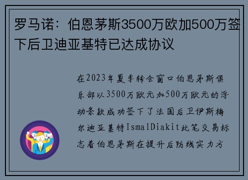 罗马诺：伯恩茅斯3500万欧加500万签下后卫迪亚基特已达成协议